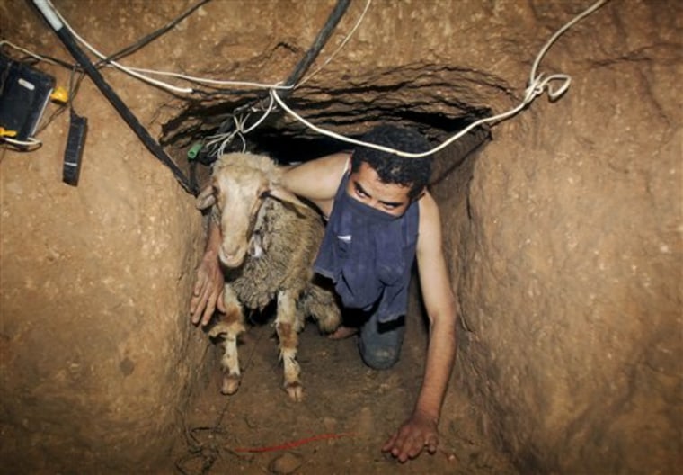 A Palestinian smuggler moves a goat through a tunnel from Egypt to the Gaza Strip in 2008.  An Egyptian security official said on Thursday that the underground steel wall built by Egypt to stop smuggling under its border with Gaza has been breached hundreds of times. 